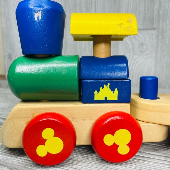 Disney store wooden Toy Train Mickey Mouse Wood Blocks Stacking Train w/ hammer - Picture 4 of 6